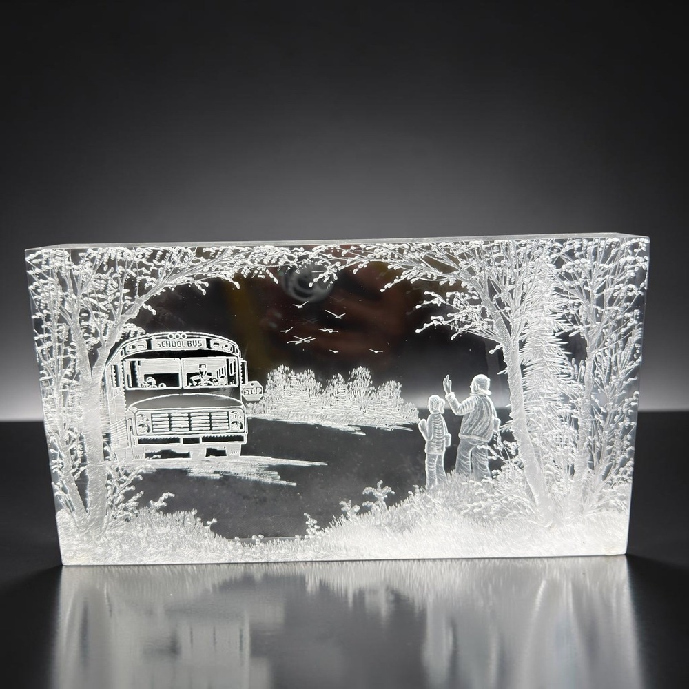 Frank R Albrecht FRA 2001 Etched Lucite Acrylic School Bus Sculpture Paperweight